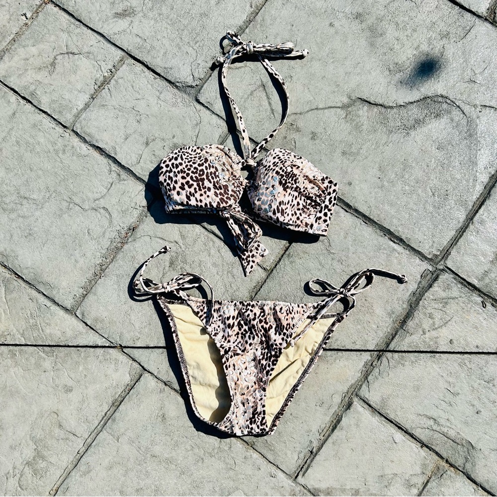 Cheetah Print Bandeau Bikini Top and Bottoms
